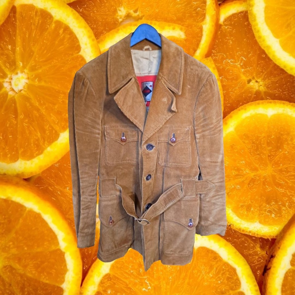 Vintage Golani Italy Men Tan Brown Corduroy Safari Belted Field Jacket Size 40